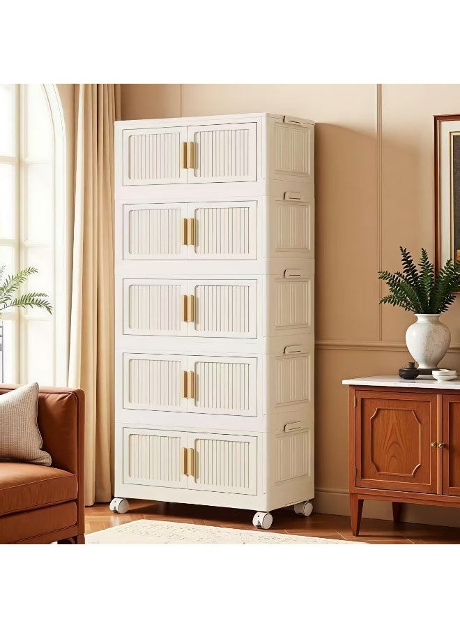 ChenDa 5-Tier High-Capacity Storage Cabinet Clothing, Toys, Books Storage Rack Space-Saving Storage Unit for Bedroom, Living Room, Kitchen Multi-Purpose Foldable Design Magnetic Doors with Swivel Casters - Image 2